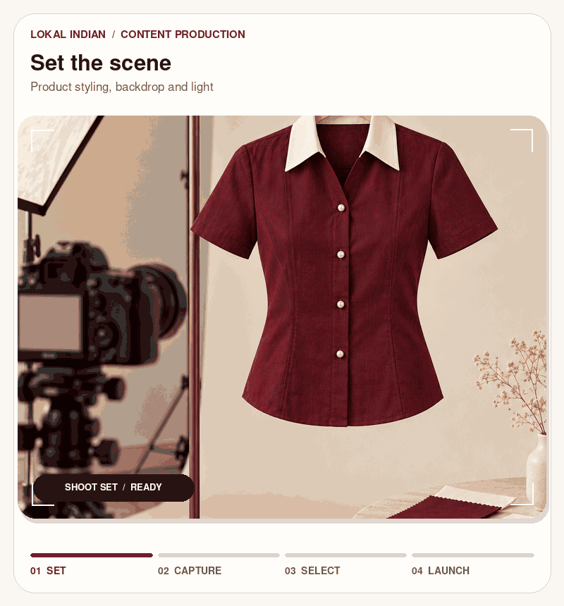 Content production animation showing product styling, shoot setup, capture, selected assets and launch-ready campaign content