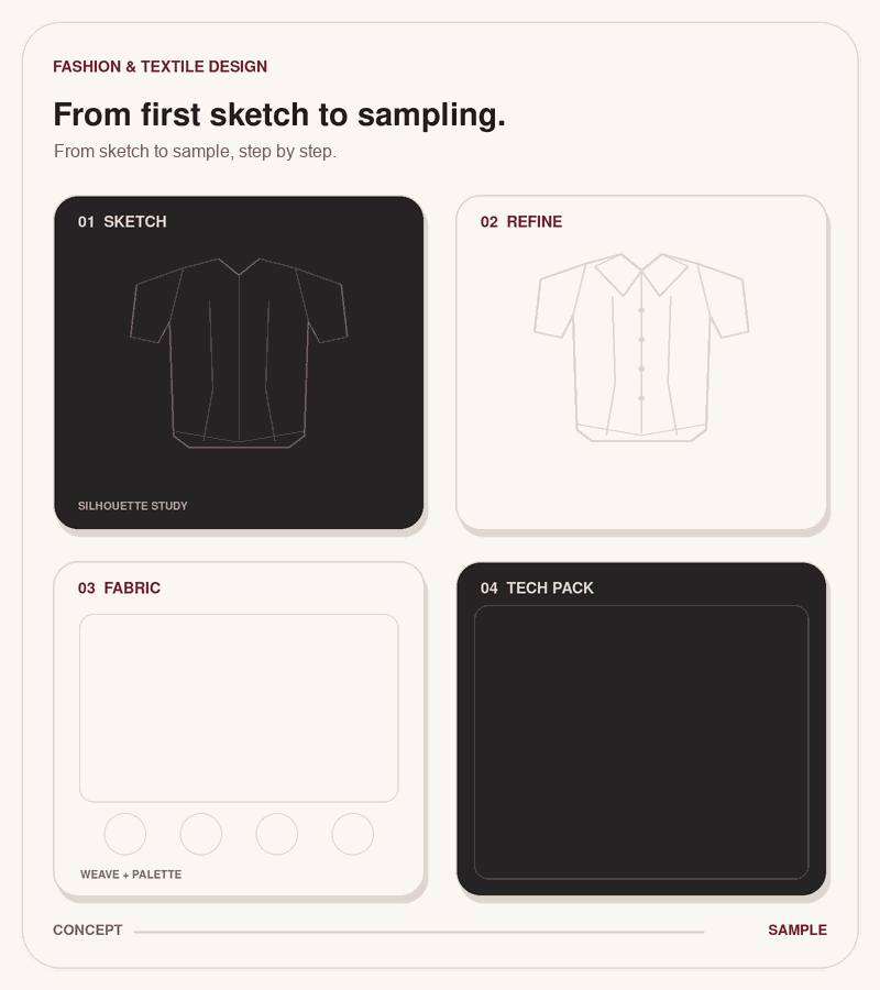 Fashion and textile design animation showing sketch, refinement, fabric choices and tech pack moving from concept to sample